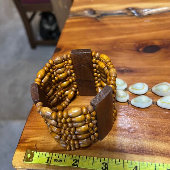 Vtg Wired Cowrie Shell Necklace & Wood Beaded Bracelet Hawaiian Aloha Lei Long - Picture 2 of 11